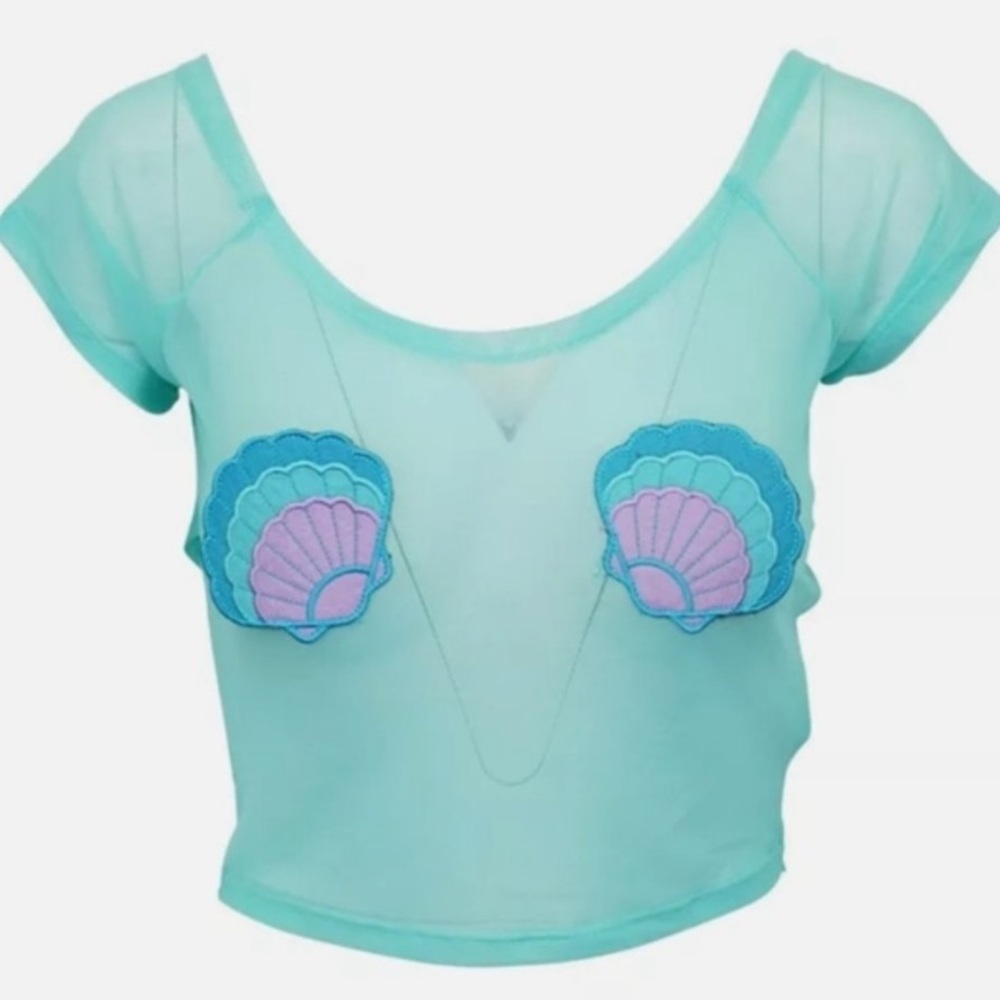 Iron fist mermaid for life, mesh crop top T-shirt, color aqua new with tags - Picture 4 of 5